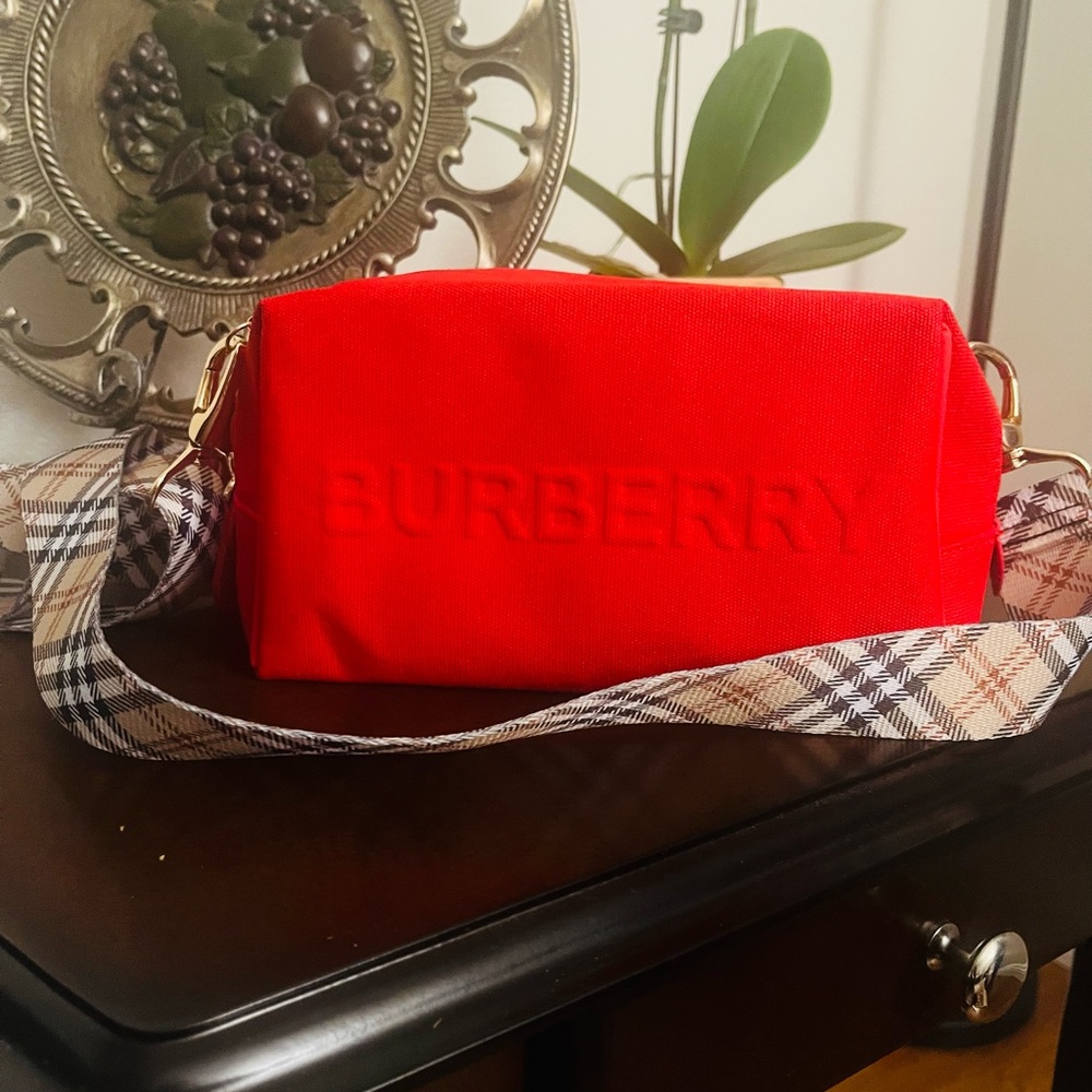 Burberry Red Logo Crossbody Bag with Check Strap